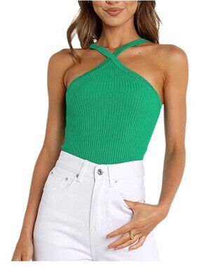 Crisscross Halter Green Ribbed Tank Top Large 65% Cotton 35% Polyester